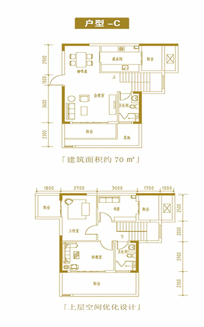 台湾风情小镇建面约70㎡复式楼户型图.gif